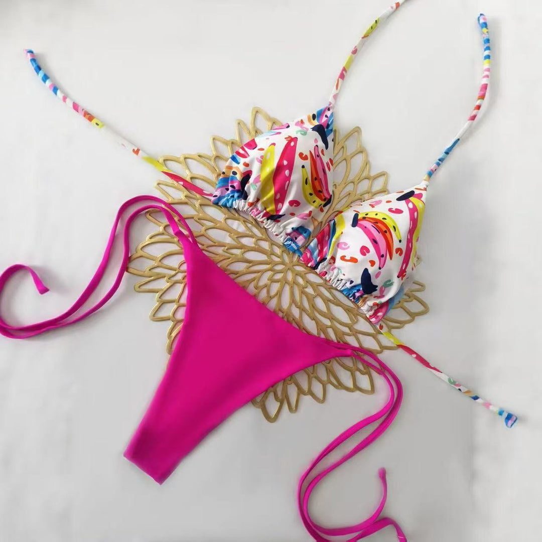 Damen Bikini-Set mit buntem Obstmuster und seitlichem Knoten Echo Archiv