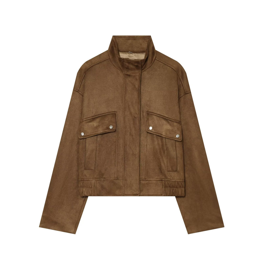 Damen Kurze Boxy‑Suede‑Jacke mit Stehkragen und aufgesetzten Pattentaschen Echoarchiv