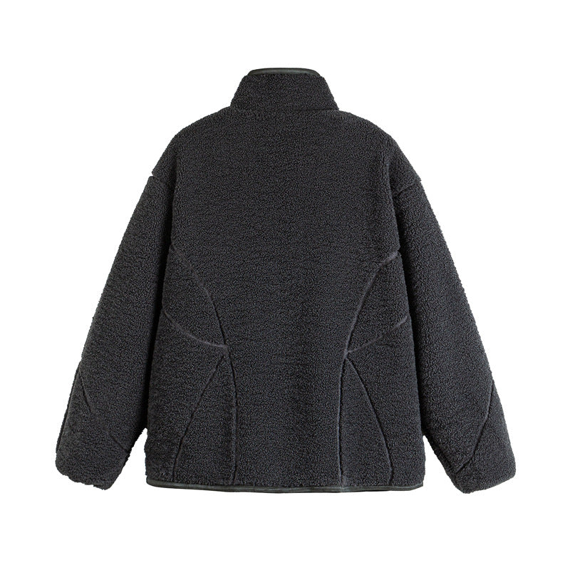 Unisex Teddy-Fleece-Blousonjacke mit Stehkragen und geometrischer Nahtführung Echoarchiv