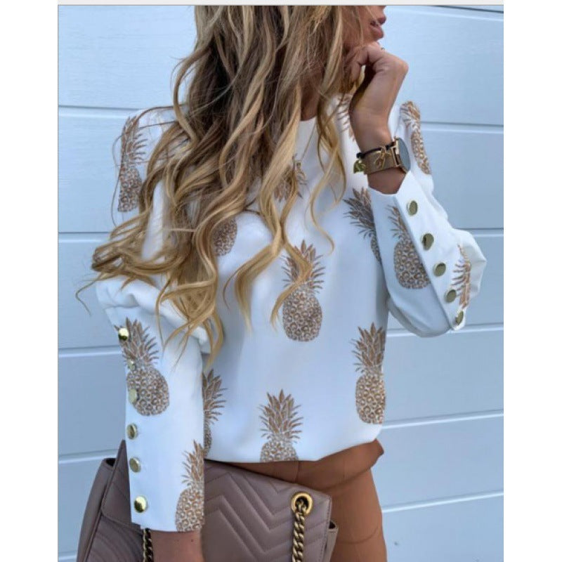 Damen Leichte Bluse mit Leopardenprint, Ballonärmeln und Zierknopfleiste – Élovi