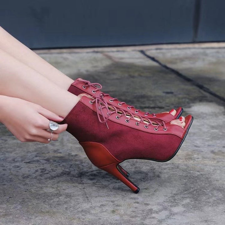 Damen Offene-Zehen Schnürstiefelette mit Wildleder-Optik und Stiletto-Absatz – Lioré