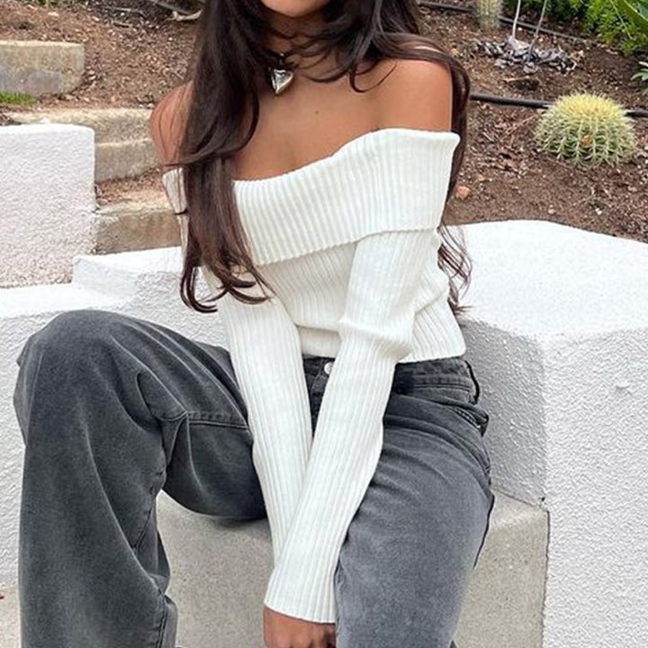 Damen Schulterfreies Rippstrick-Cropped-Top mit taillierter Passform und langen Ärmeln Echoarchiv