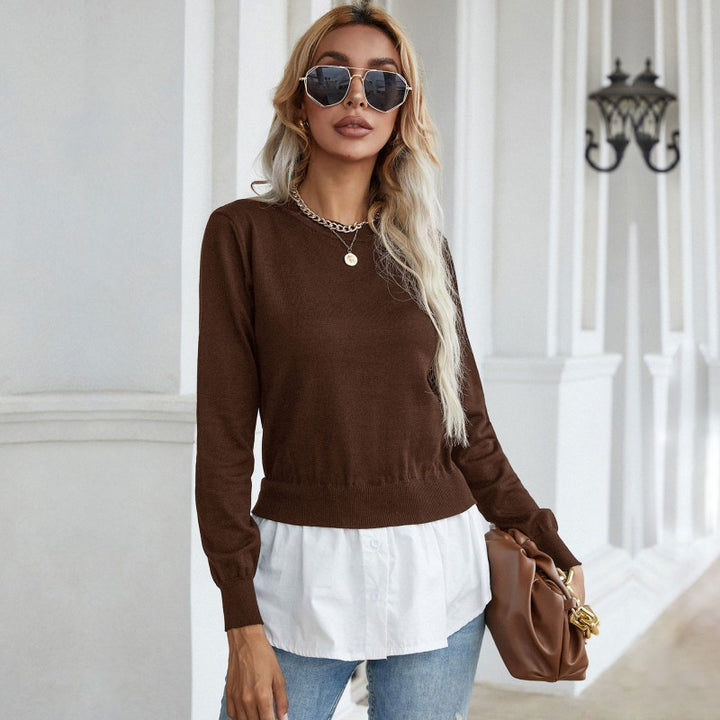 Damen Strickpullover mit eingearbeitetem Blusenbesatz und Doppel-Layer-Optik Echoarchiv