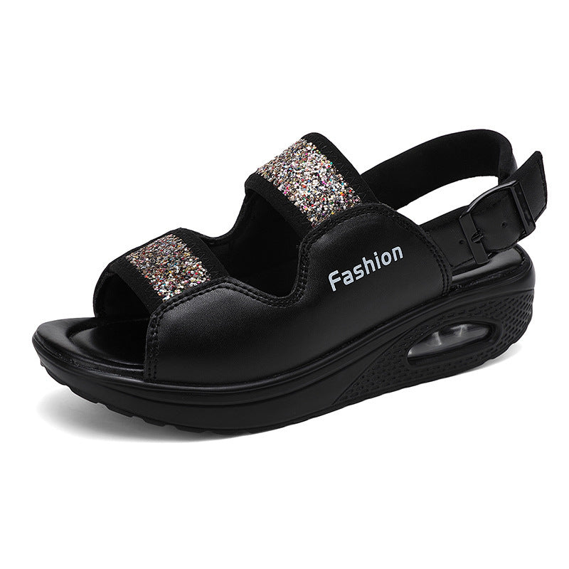 Damen nan Komfort-Keilsandale mit sichtbarer Luftkammer, verstellbaren Riemen und Glitzerbesatz Echo Archiv