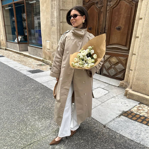 Damen Maxi-Trenchcoat mit hohem Stehkragen, doppelreihiger Knopfleiste & Taillengürtel Echoarchiv
