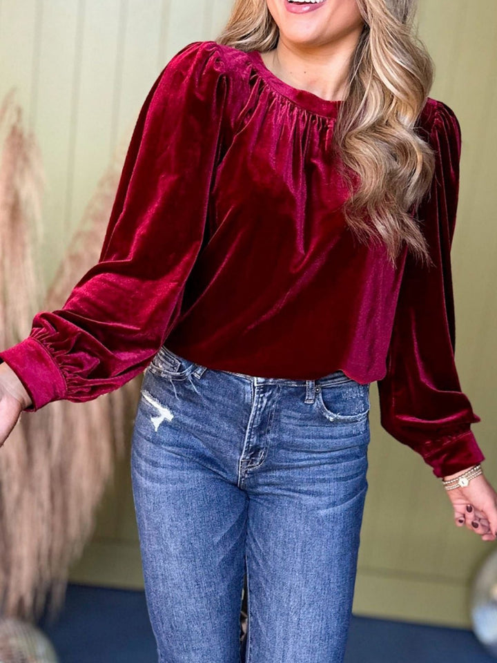 Damen Samtbluse mit Ballonärmeln und gerafftem Stehkragen – Élovi