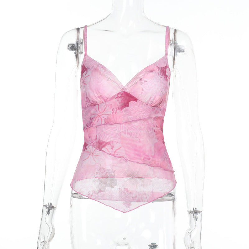 Damen Seidiges Spaghetti-Trägertop mit floralem Design Echo Archiv