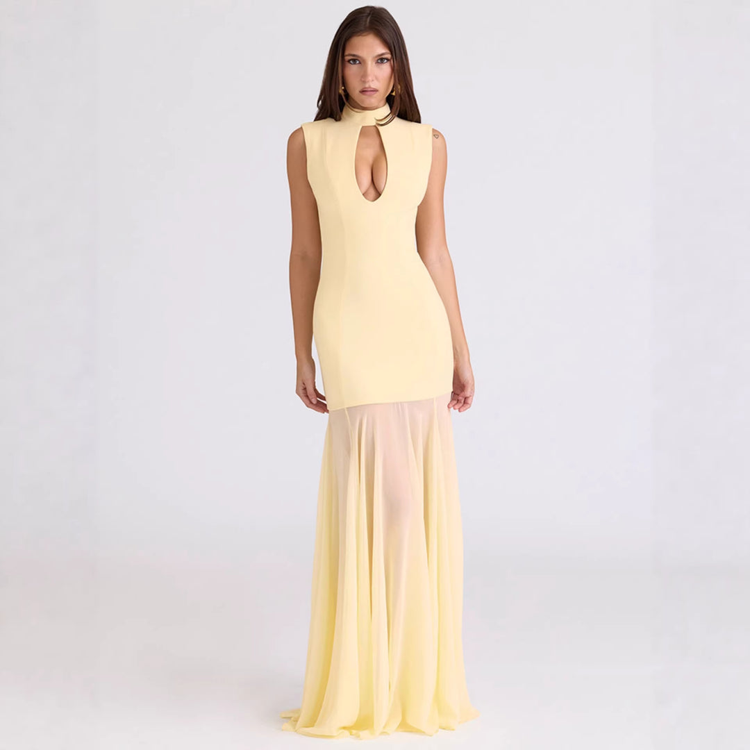 Damen Elegantes Kleid mit hohen Kragen und Schlitz Echo Archiv