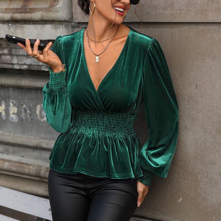 Damen Samtbluse mit V-Ausschnitt, geraffter Smock-Taille und Peplum Echoarchiv