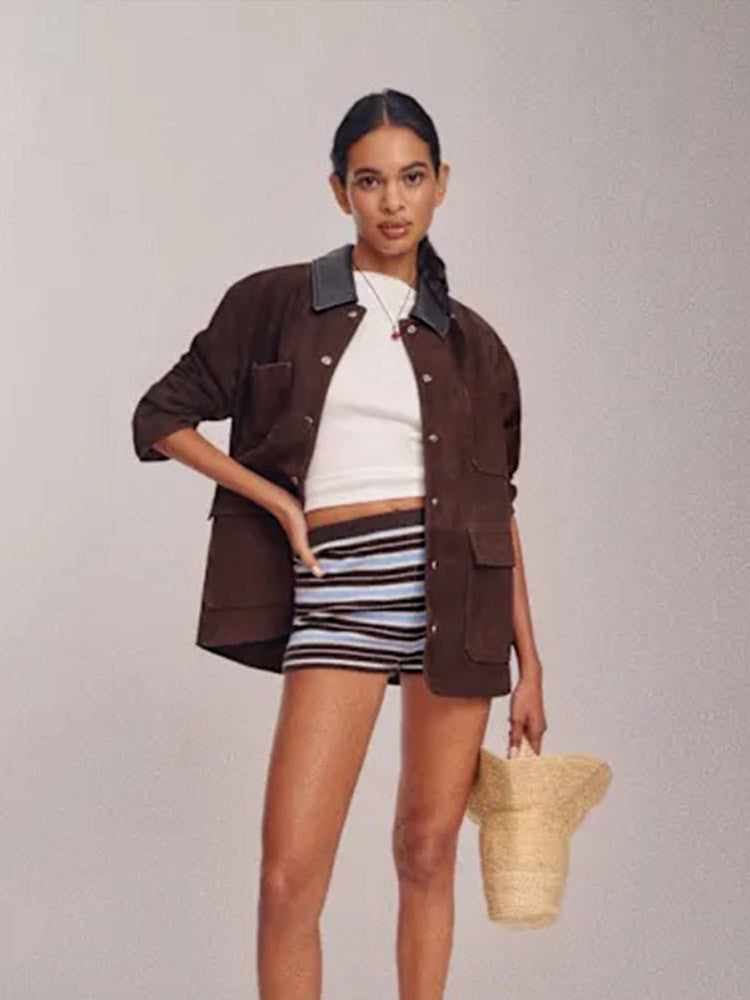 Damen Oversize-Utility-Jacke aus Veloursleder‑Optik mit Kontrastkragen & aufgesetzten Pattentaschen Echoarchiv