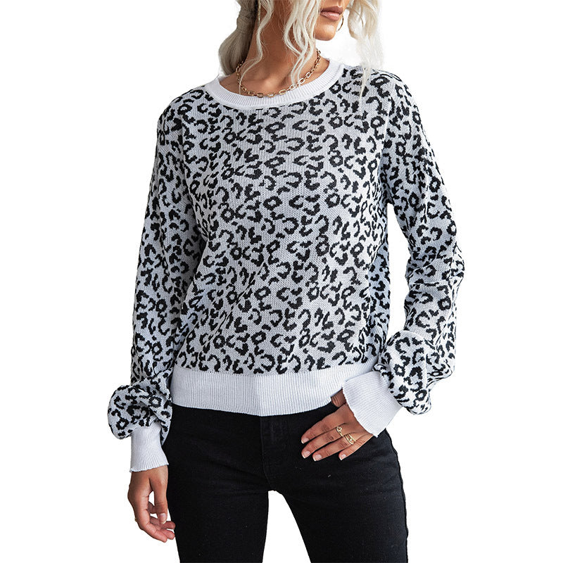 Damen Leichter Strukturstrick-Pullover mit Leoparden-Jacquard und geripptem Rundhalsausschnitt Echoarchiv