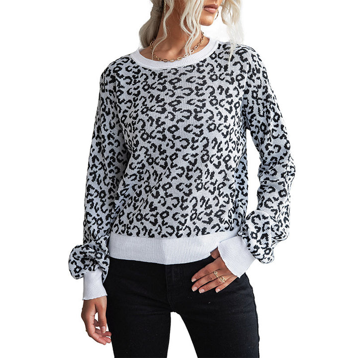 Damen Leichter Strukturstrick-Pullover mit Leoparden-Jacquard und geripptem Rundhalsausschnitt Echoarchiv