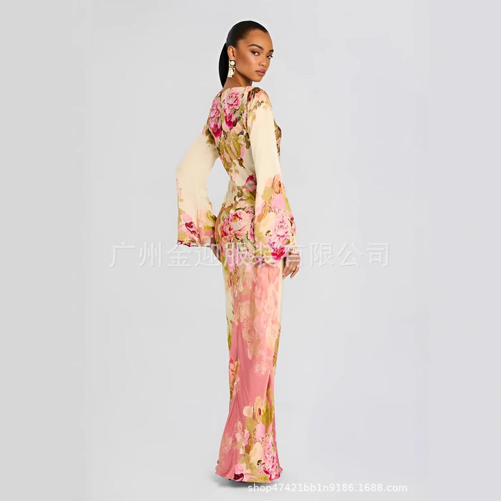 Frauen langen Abendkleid mit Trompetenärmeln und floralem Muster – Valéora