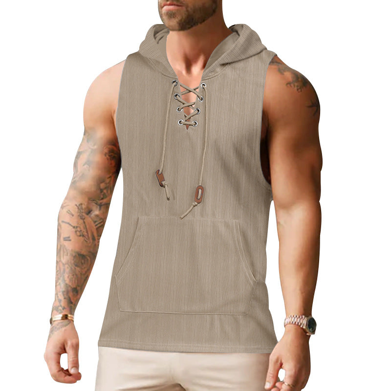 Herren ärmelloses Kapuzenshirt mit modischem Schnürdesign und praktischer Kängurutasche Echoarchiv