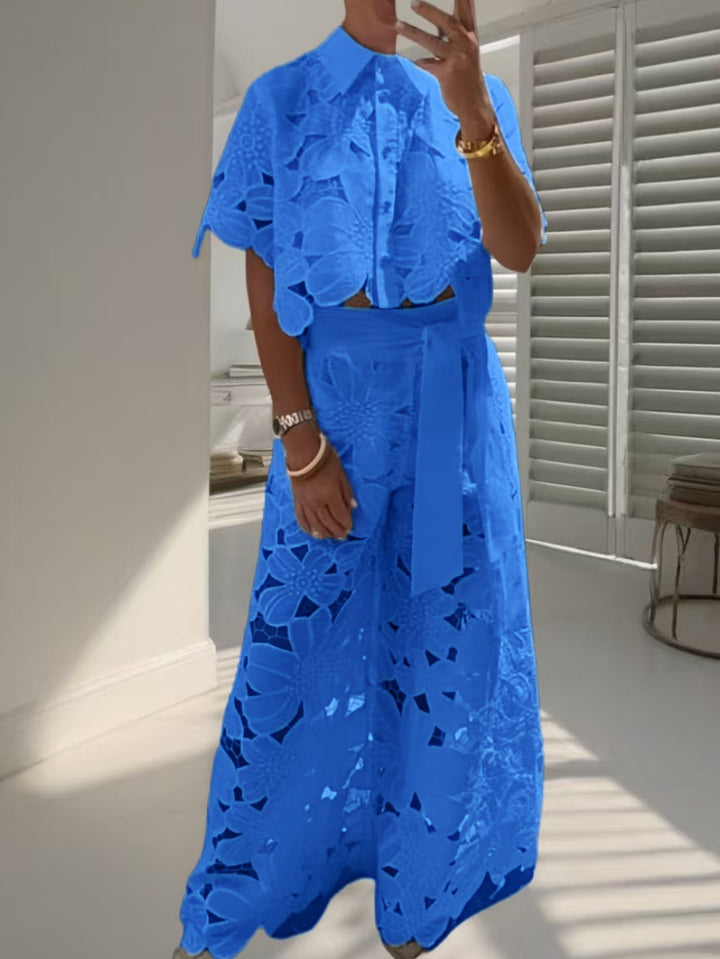 Damen nan zweiteiliges Spitzenensemble mit bauchfreier Bluse und weiter Palazzohose Echo Archiv
