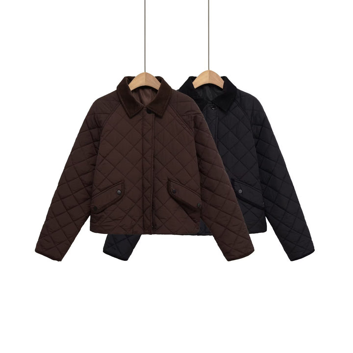 Damen Gesteppte Boxy‑Übergangsjacke mit Cordkragen und Pattentaschen Echoarchiv