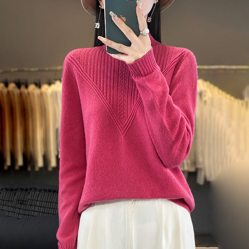 Damen Lockerer Mohair‑Blend Pullover mit strukturierter V‑Paneel und Stehkragen Echoarchiv