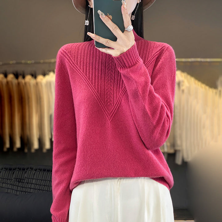 Damen Lockerer Mohair‑Blend Pullover mit strukturierter V‑Paneel und Stehkragen Echoarchiv