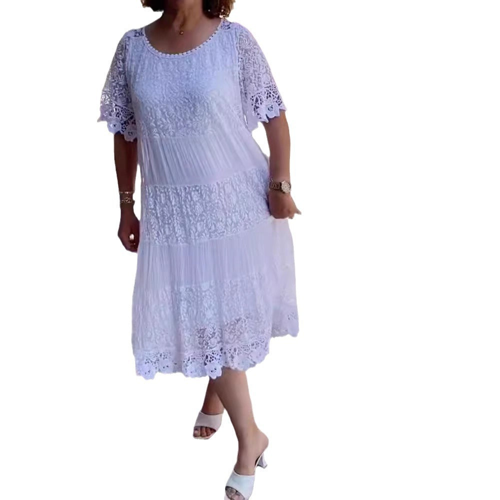 Damen nan Midikleid mit Spitzenstufen, Plissee‑Einsätzen und kurzen Trompetenärmeln Echo Archiv