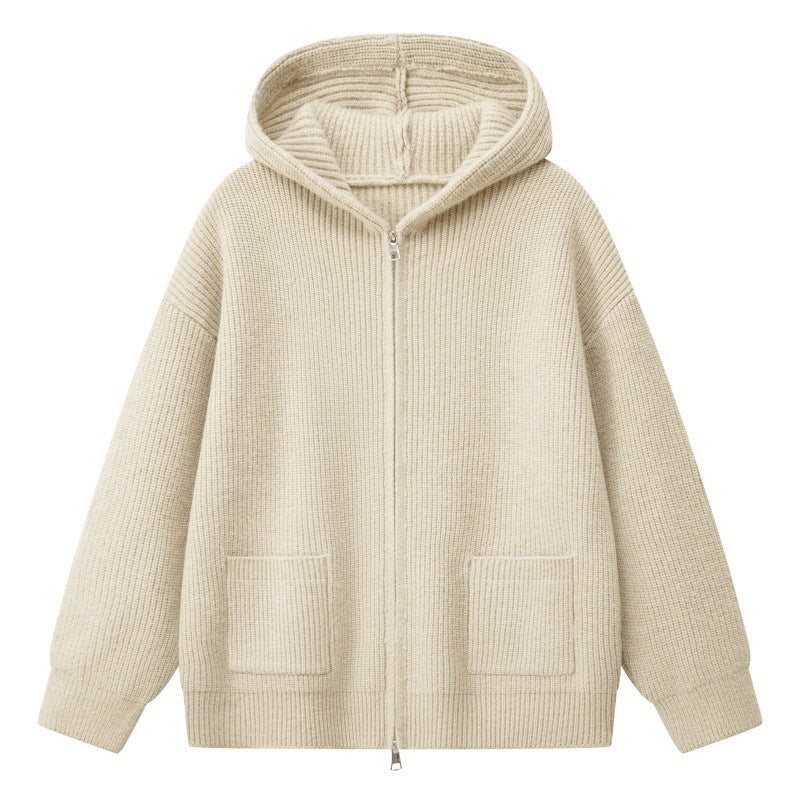 Damen Kuschelige Oversize-Rippstrick-Kapuzenjacke mit Zwei-Wege-Reißverschluss & aufgesetzten Taschen Echoarchiv