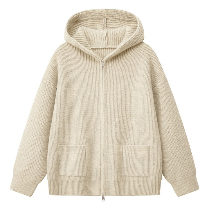 Damen Kuschelige Oversize-Rippstrick-Kapuzenjacke mit Zwei-Wege-Reißverschluss & aufgesetzten Taschen Echoarchiv