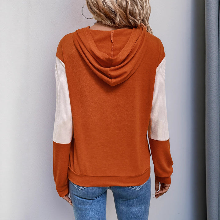 Damen Lässiger Kapuzenpullover mit V‑Kragen, Kontrastärmeln und Rippbündchen Echoarchiv