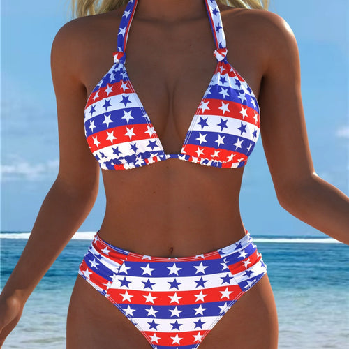 Damen Triangel-Bikini mit hohem Bund und patriotischem Sternen-Muster Echo Archiv