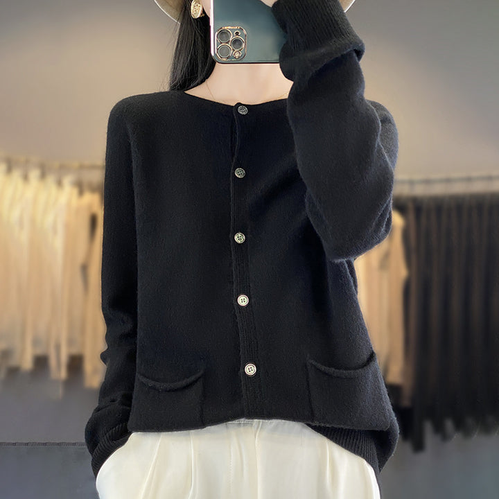 Damen Langer Feinstrick-Cardigan mit Rundhalsausschnitt, Eingrifftaschen und Alpaka-Mix Echoarchiv