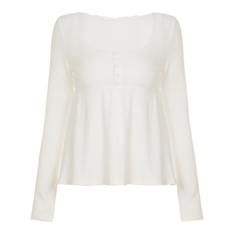 Damen Langärmeliges Babydoll-Top aus Rippjersey mit U-Boot-Ausschnitt und Knopfleiste – Orélia