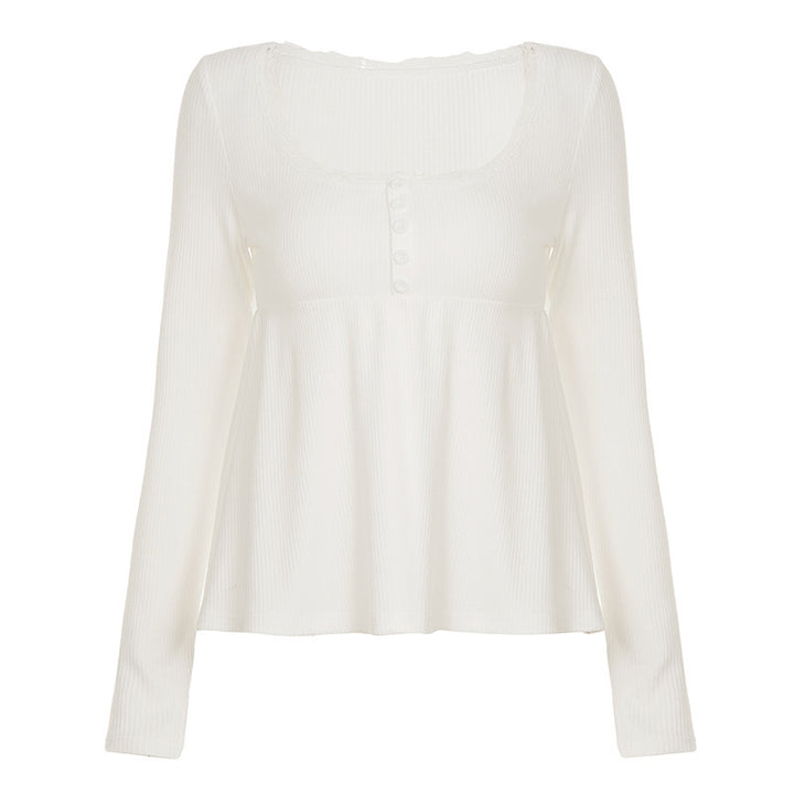 Damen Langärmeliges Babydoll-Top aus Rippjersey mit U-Boot-Ausschnitt und Knopfleiste – Orélia