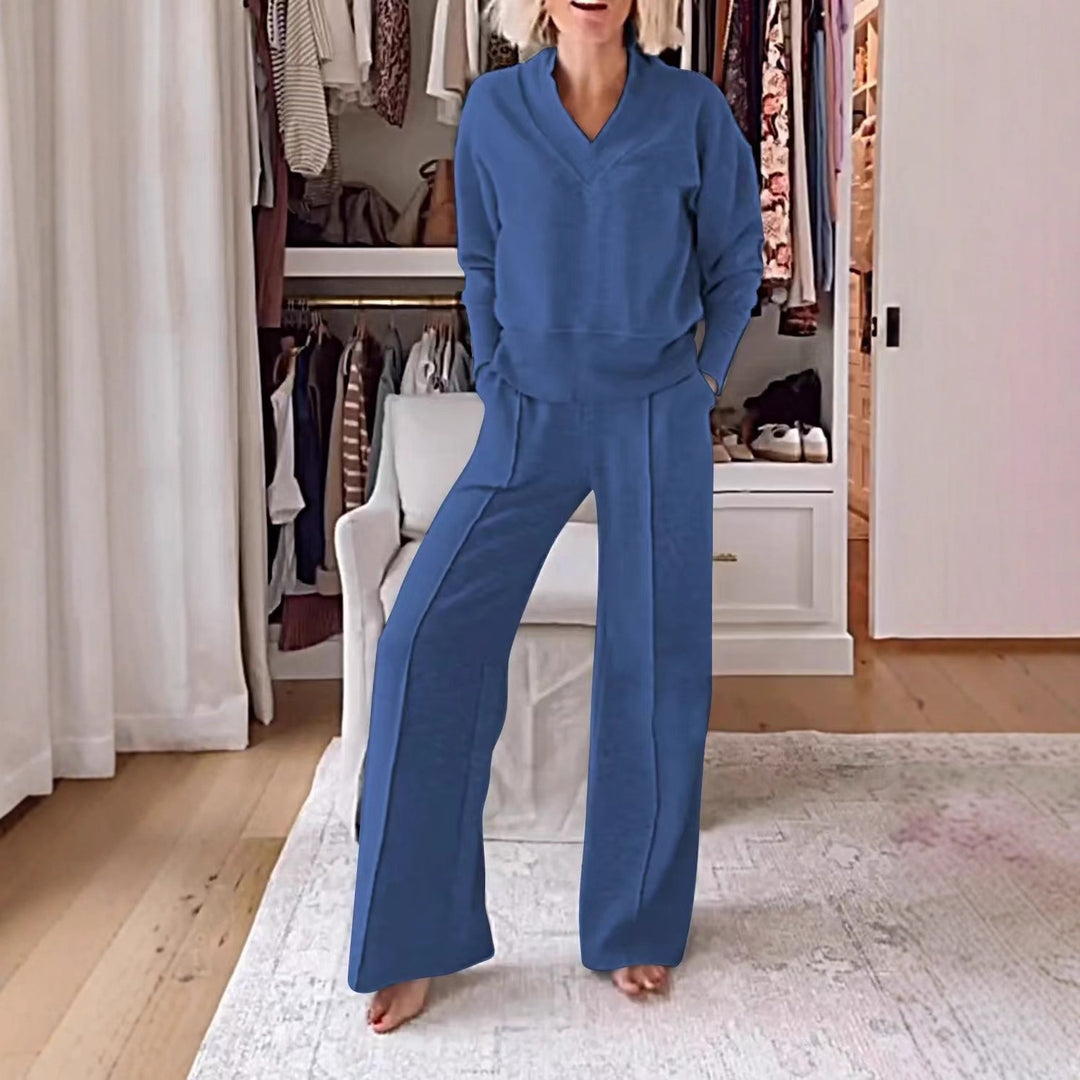 Damen Zweiteiliges Lounge-Set aus weichem Jersey mit V-Ausschnitt und weitem Palazzohosen-Schnitt Echo Archiv