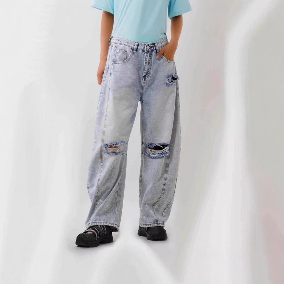 Damen nan Baggy-Jeans mit hohem Bund, sichtbaren Nahtpaneelen und distressed Kniepartien Echo Archiv