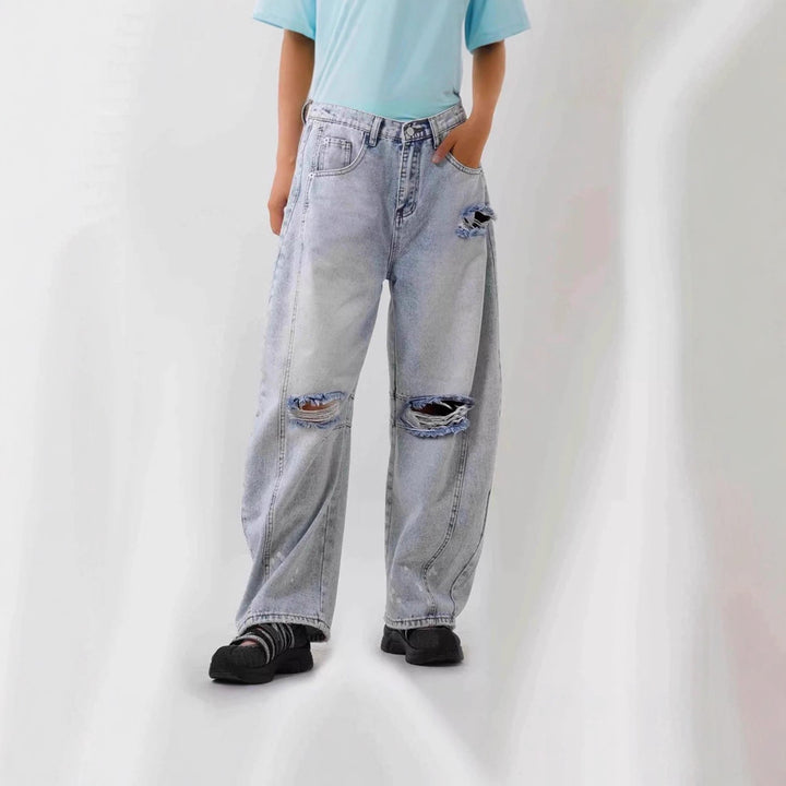 Damen nan Baggy-Jeans mit hohem Bund, sichtbaren Nahtpaneelen und distressed Kniepartien Echo Archiv