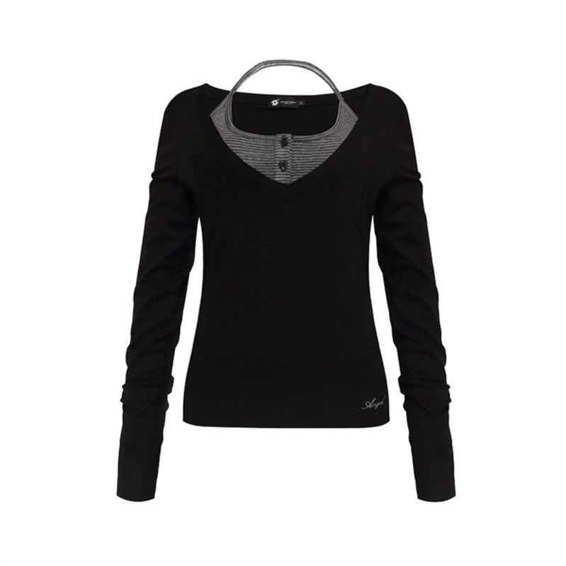 Damen Langarm-Shirt mit doppeltem Layer‑Effekt, tiefem V‑Ausschnitt und gestreiftem Einsatz Echoarchiv