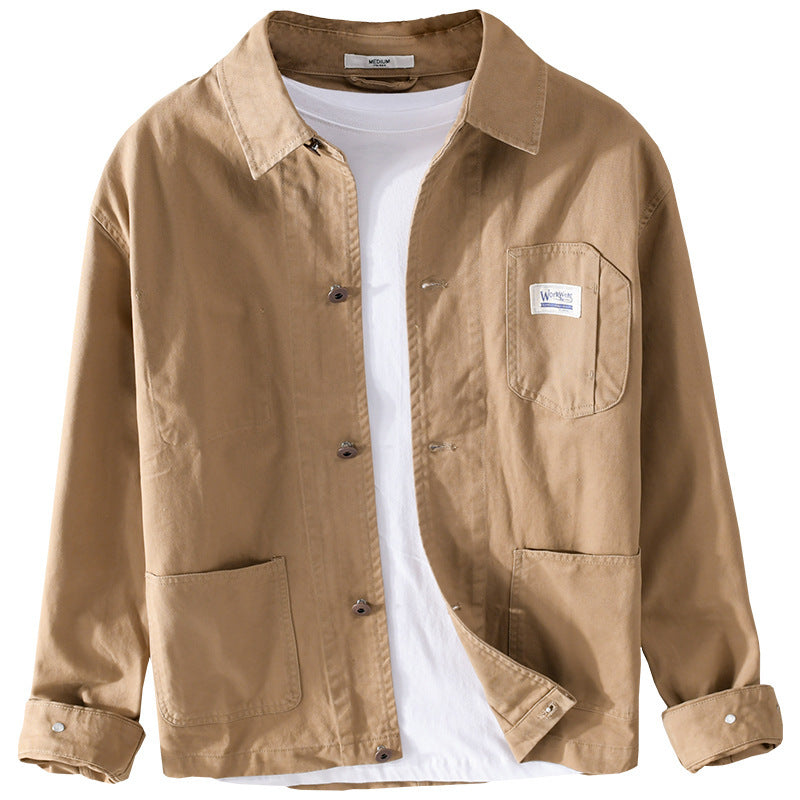Herren Leichte Baumwoll-Chorejacke im Worker‑Stil mit Kentkragen und aufgesetzten Taschen Echoarchiv