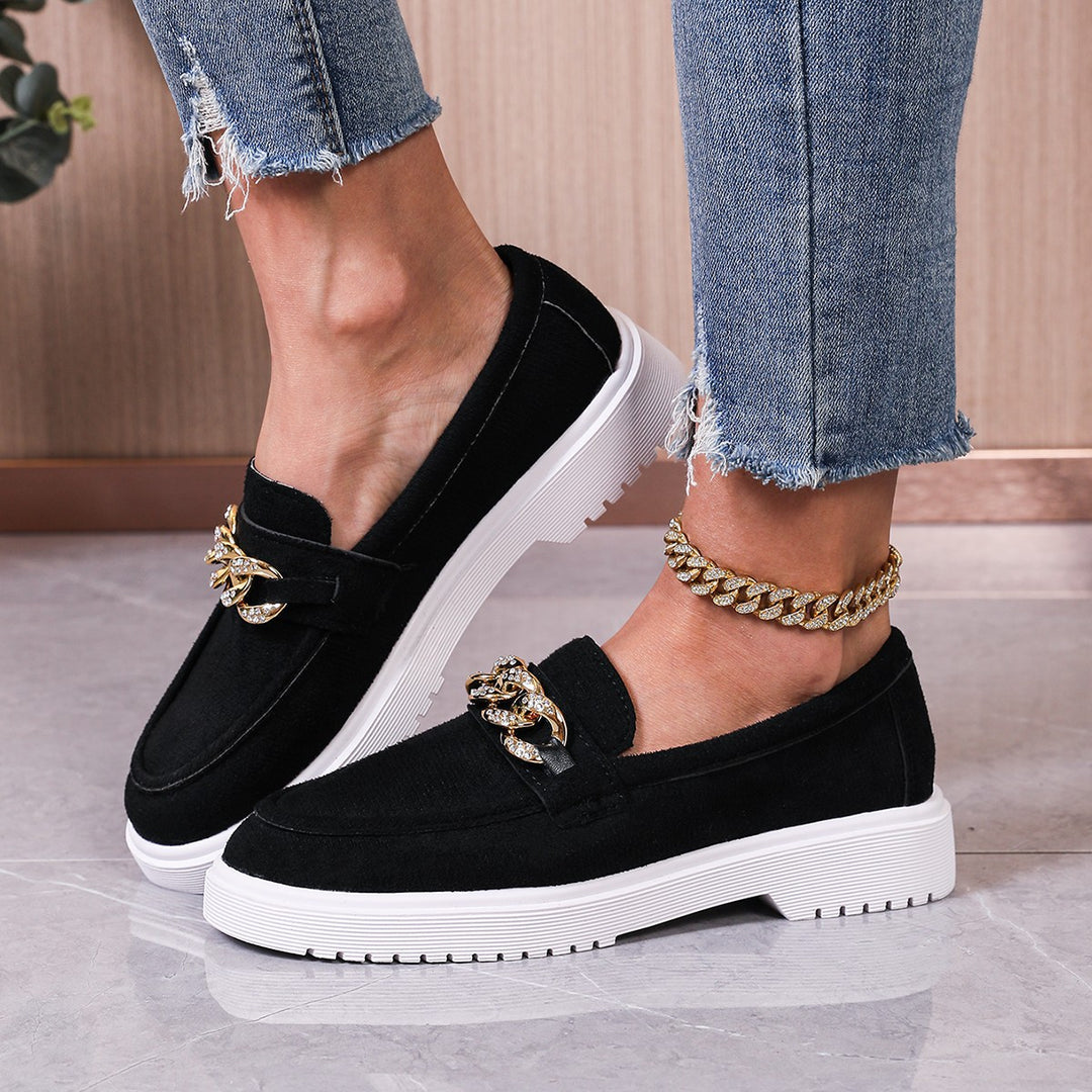 Damen  elegante Slipper mit Plateau-Laufsohle, goldener Schmuckkette und gepolstertem Komfortfußbett Echo Archiv