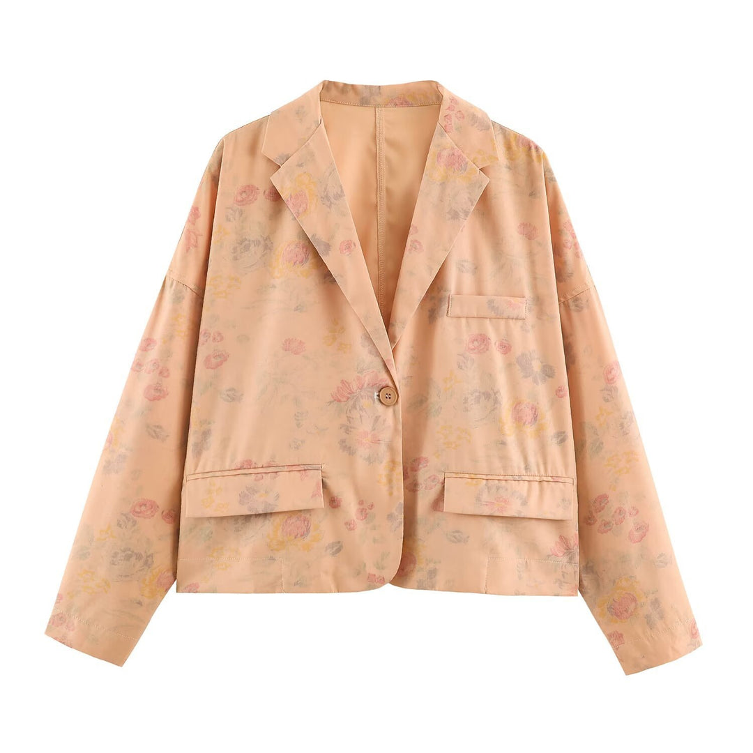 Damen Boxy-Blazerjacke mit floraler Seidenoptik, Ein-Knopf-Verschluss und Pattentaschen Echo Archiv