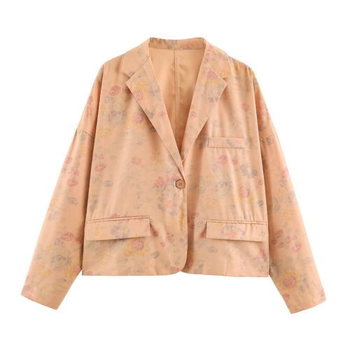 Damen Boxy-Blazerjacke mit floraler Seidenoptik, Ein-Knopf-Verschluss und Pattentaschen Echo Archiv