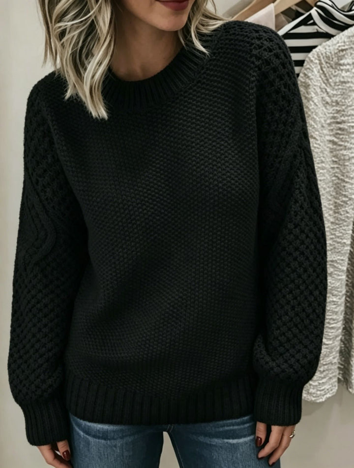 Damen Grobgestrickter Rundhals-Pullover mit Ajour- und Zopfmusterärmeln – Mavelle