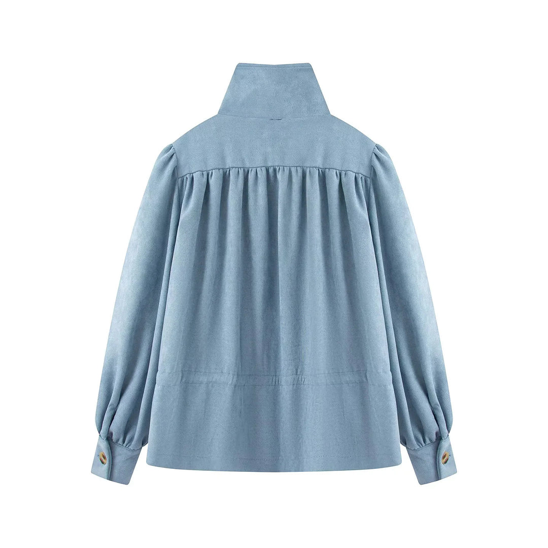Damen geschmeidige Jacke mit Stehkragen Tunnelzugtaillierung und Ballonärmeln – Célinea
