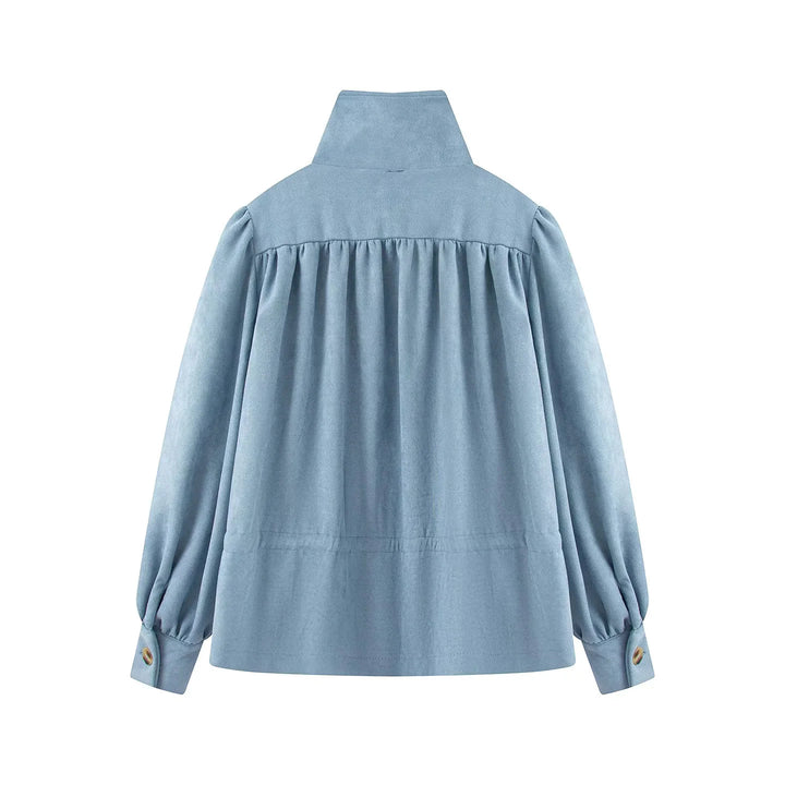 Damen geschmeidige Jacke mit Stehkragen Tunnelzugtaillierung und Ballonärmeln – Célinea