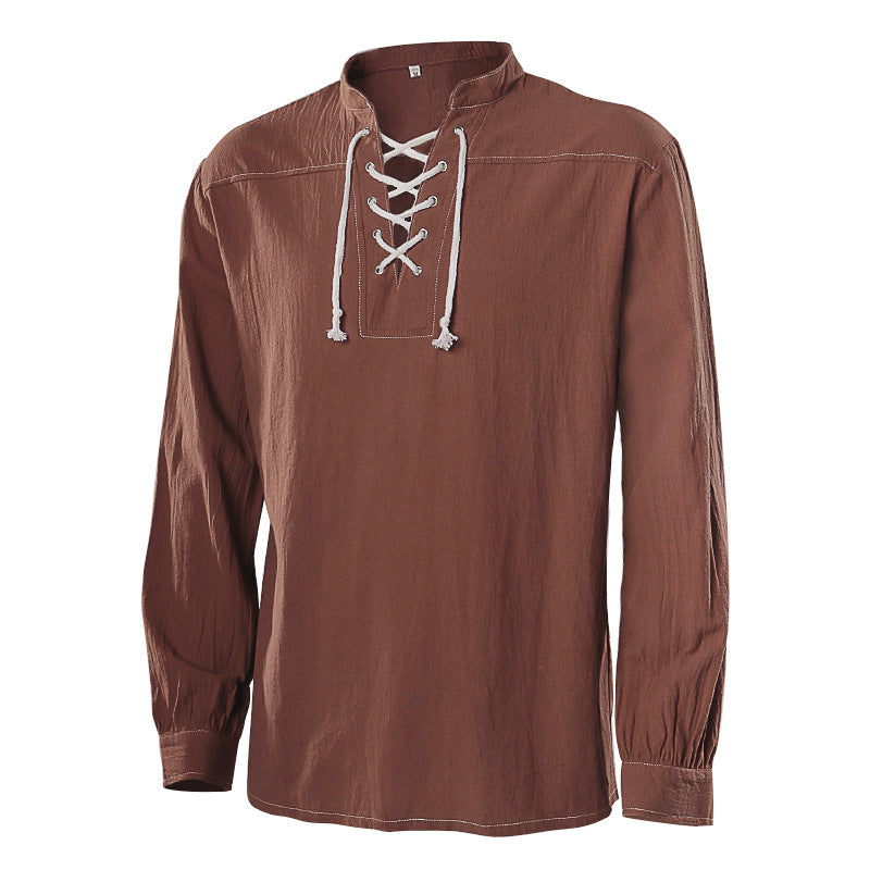 Herren lässiges Kurzarmshirt mit geschnürter V-Kehle, kurzem Stehkragen und weichem Baumwollmix – Marzano