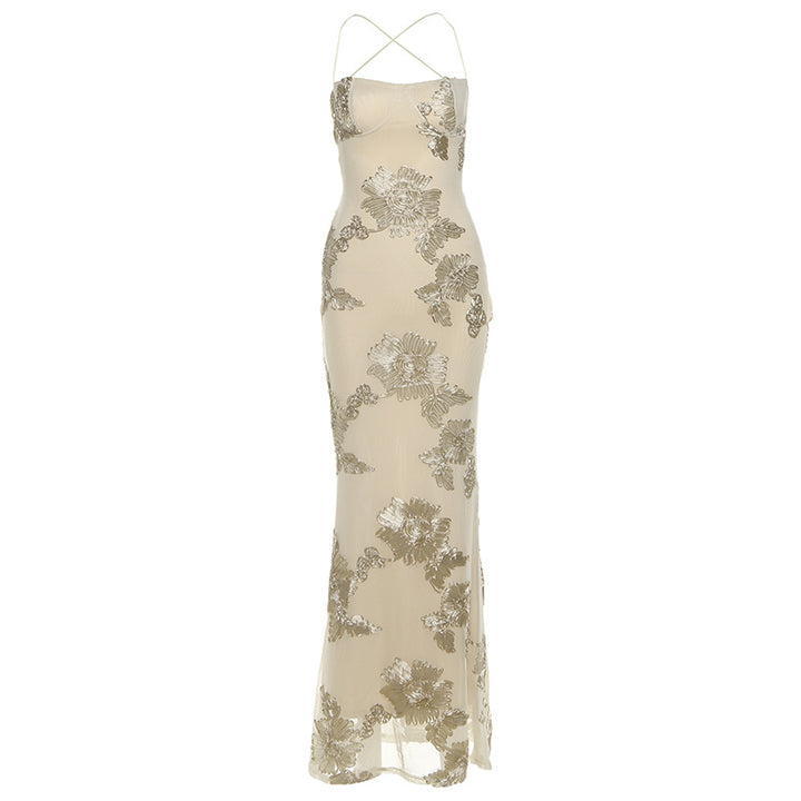 Damen Elegantes Bodenkonturierendes Maxikleid mit Spaghettiträgern und floralem Design Echo Archiv