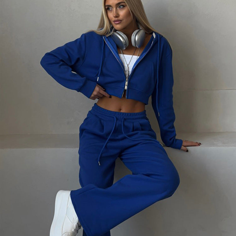 Damen cropped Reißverschluss-Kapuzenpullover mit hohem Bund Palazzo-Jogger Set – Auréline