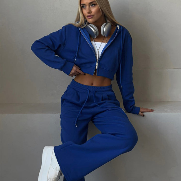 Damen cropped Reißverschluss-Kapuzenpullover mit hohem Bund Palazzo-Jogger Set – Auréline