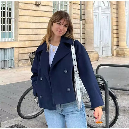 Damen Kurzer Zweireihiger Boxy-Peacoat aus Wollmix mit weitem Revers Echo Archiv