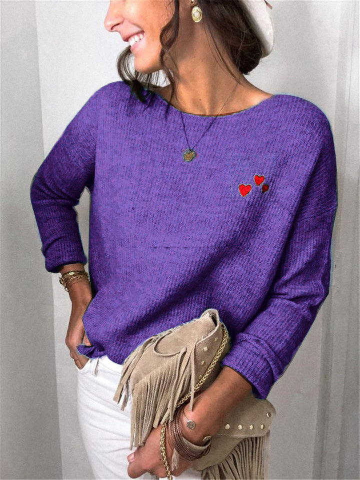 Damen Leichter Feinstrickpullover mit U-Boot-Ausschnitt, lockerem Sitz und Herzstickerei Echoarchiv