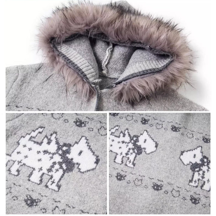 Damen Gemütliche Strickjacke mit Tiermuster und Pelzkragen Echoarchiv