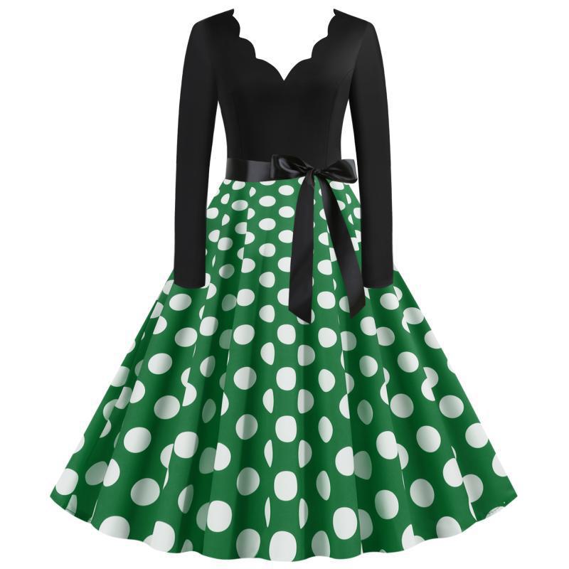 Damen Retro Swingkleid im Vintage-Stil mit welligem V-Ausschnitt, langärmliger Oberteil, Polka-Dot Tellerrock und Satin-Taillengürtel – Élara