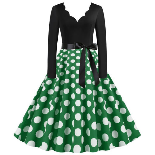 Damen Retro Swingkleid im Vintage-Stil mit welligem V-Ausschnitt, langärmliger Oberteil, Polka-Dot Tellerrock und Satin-Taillengürtel – Élara